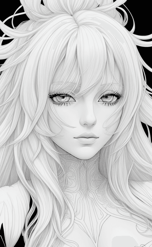 AI generated: coloring page Anime portrait clean line art, black pen line high detail,,wild dynamic white hair, wo...