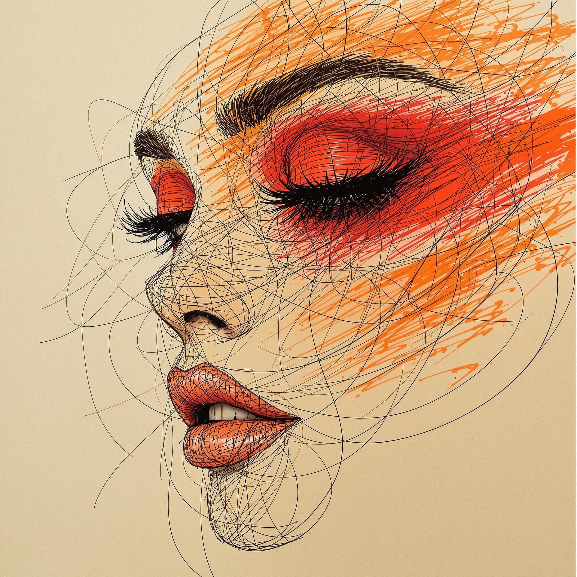 AI generated: a drawing of a woman's face with a red eyeshadow, in the style of bold colorful lines, dark beige an...