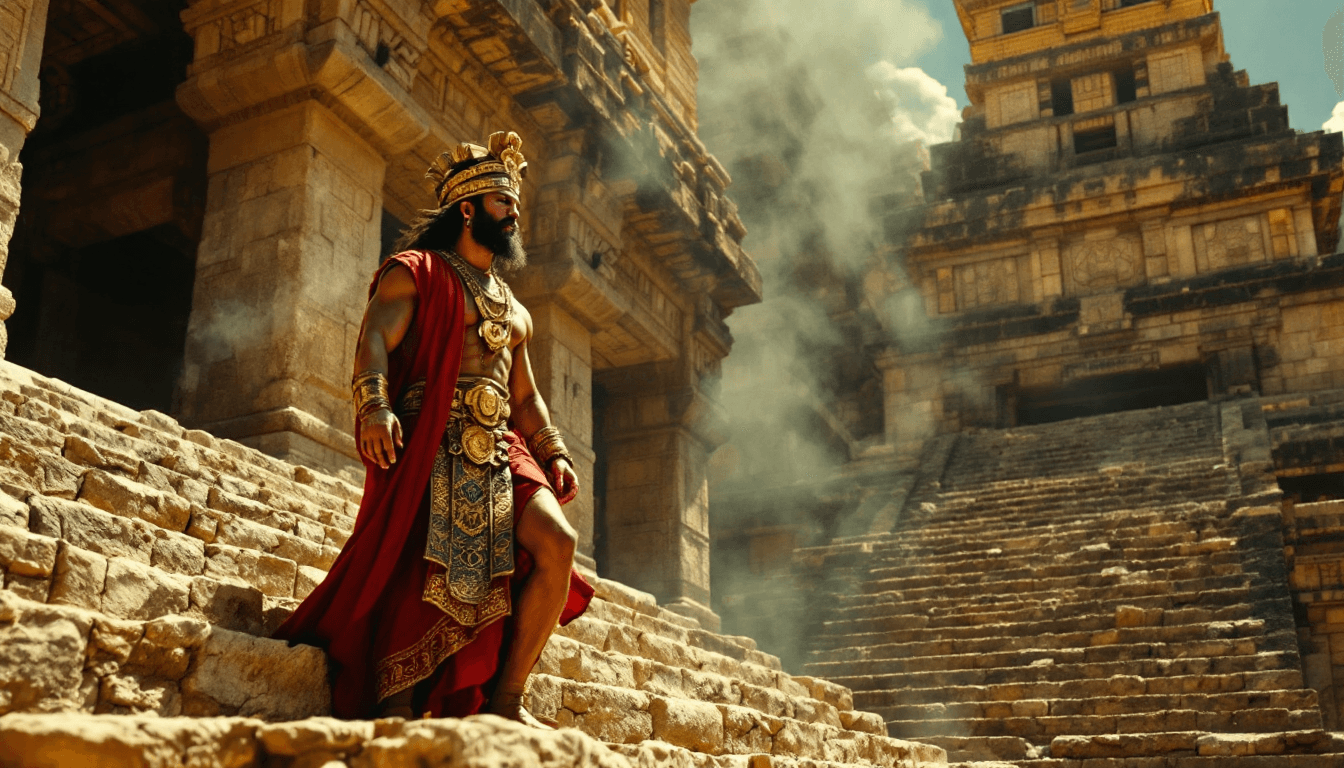 AI generated: Cinematic shot of a history movie, Aztec priest, temple steps, pre-Columbian Mexico, high noon, Azte...