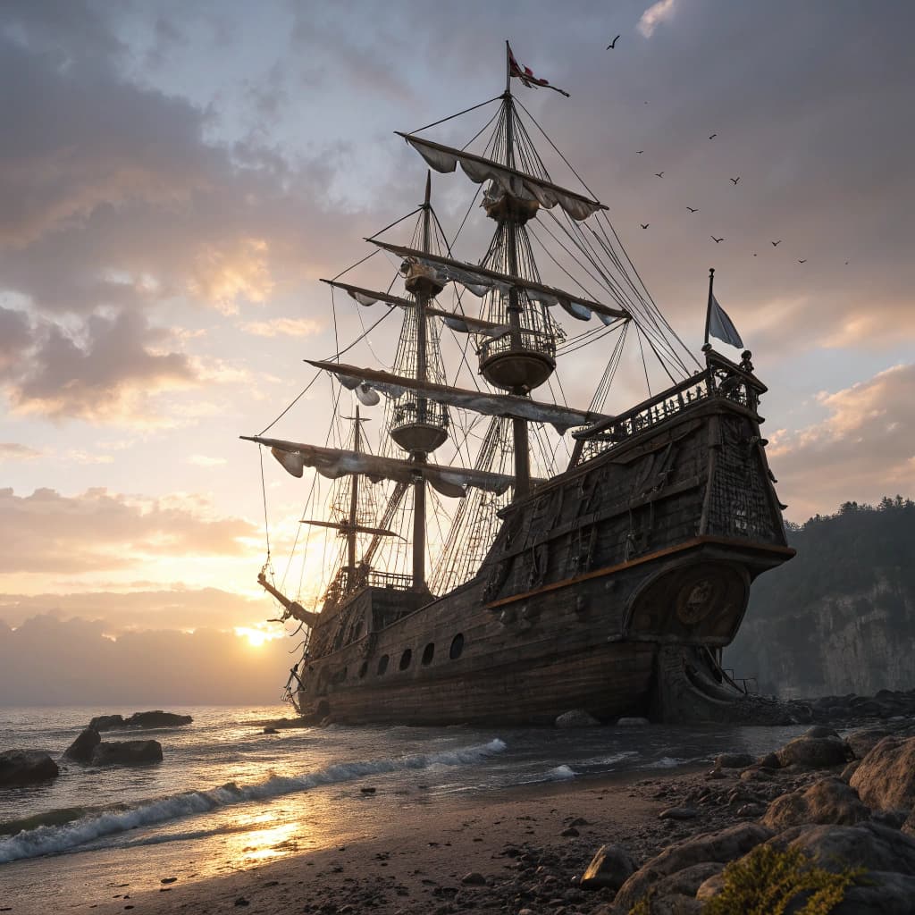 AI generated: Photo of a ultra realistic sailing ship, dramatic light, pale sunrise, cinematic lighting, battered,...