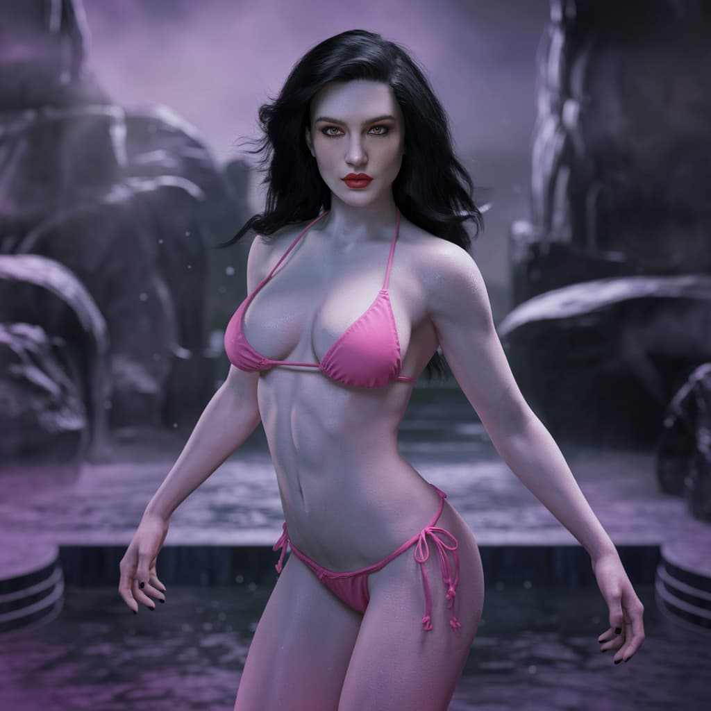 AI generated: Eva evangelina, cuerpo escultural en mini bikini rosado, cabello negro, ojos marrones, labios rojos,...