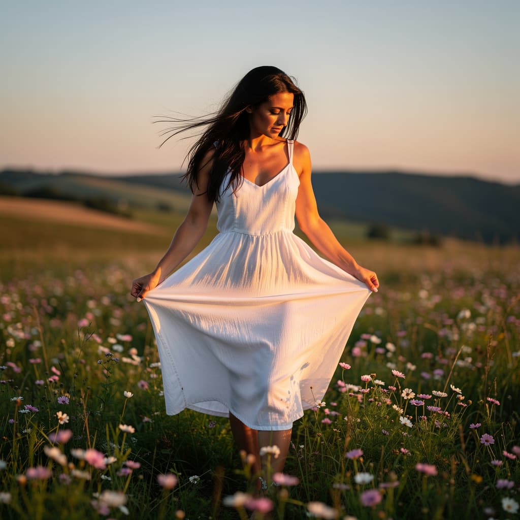 AI generated: A fit adult woman in a white sleeveless dress stands amidst a lush green field dotted with pink and ...