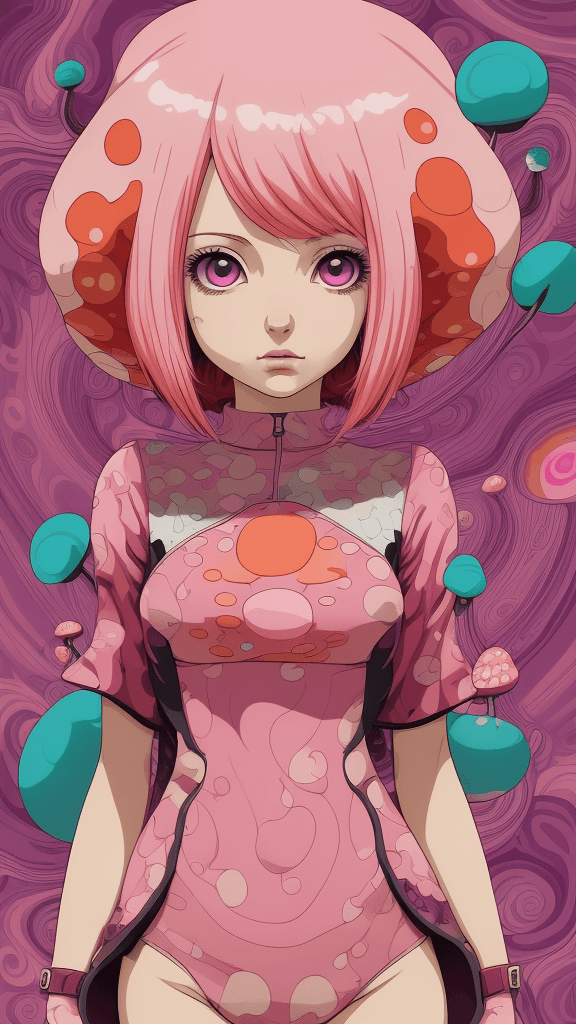 AI generated: in a funky background portrait of little mushroom woman, pink hair, Prominent eyes, funky background...