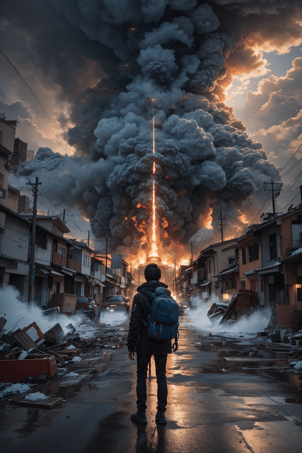 AI generated: a 1child standing, sadness, oil painting, a massive swirling tornado swept through city, ultra-wide ...