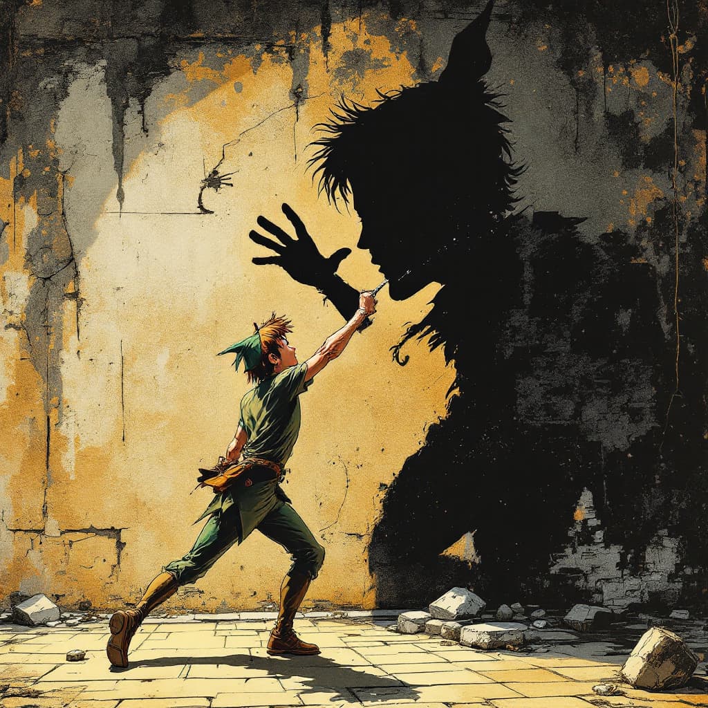 AI generated: Photorealistic comic book cover illustration, full body shot of peter pan fencing with his shadow ag...