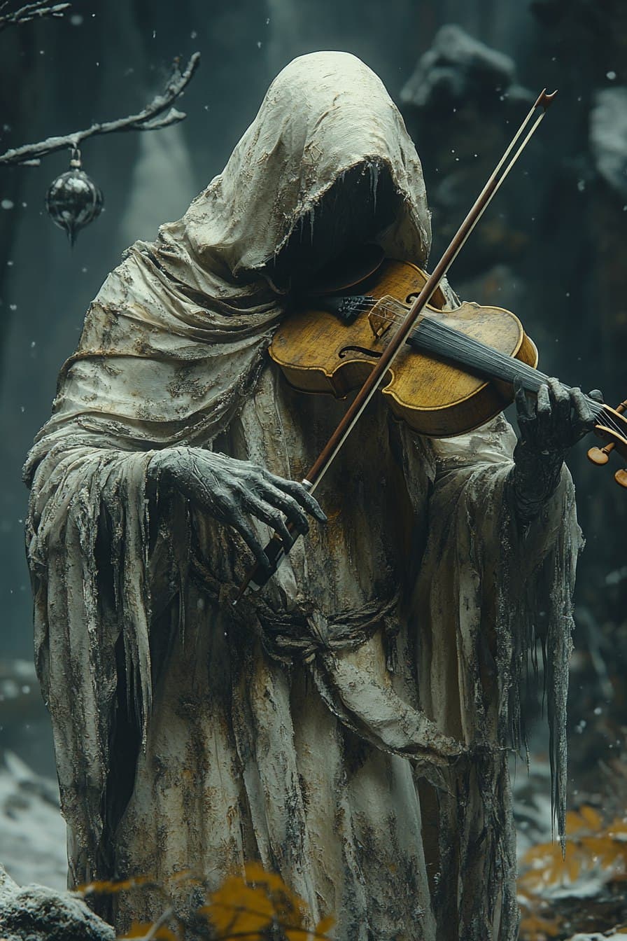 AI generated: A solitary, spectral figure in a tattered winter cloak plays a cracked violin beneath the haunting f...