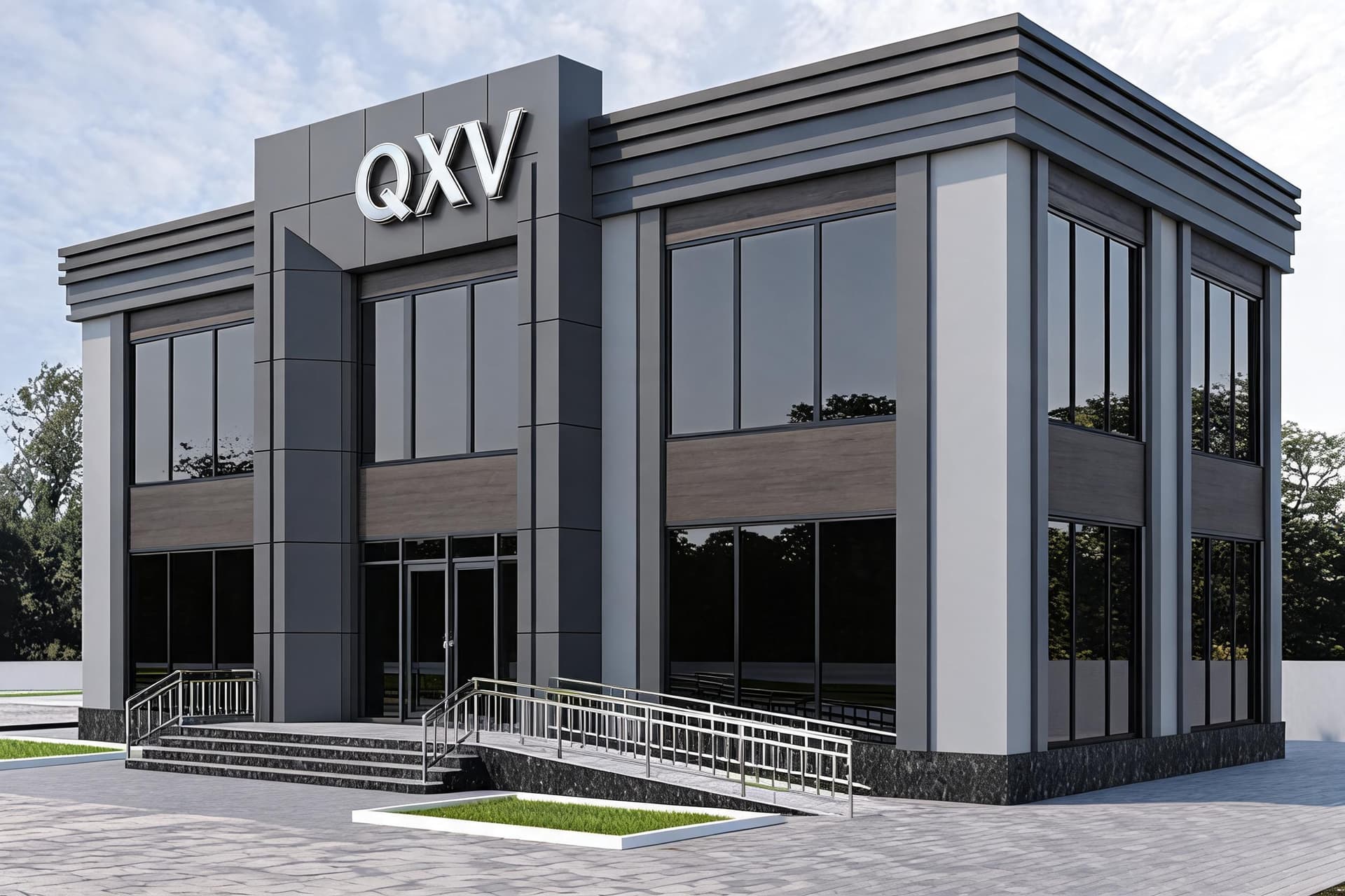 AI generated: Ultra-realistic architectural visualization of a contemporary office building with the letters 'QXV'...