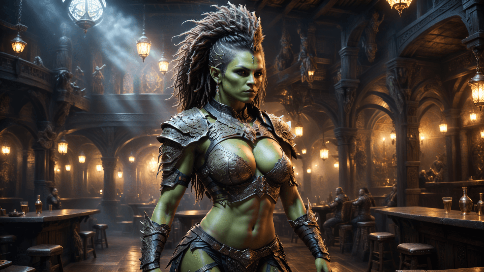 AI generated: Visually striking masterpiece depicting a young and gorgeous female orc of impressive nature and a i...