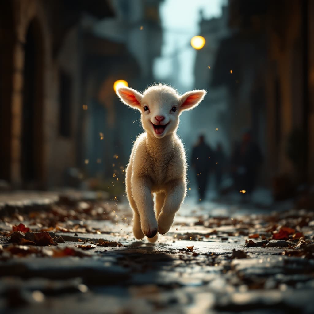 AI generated: a baby lamb running and laughing, streets of jerusalem, dark lights, cinematic, hyper realistic, det...