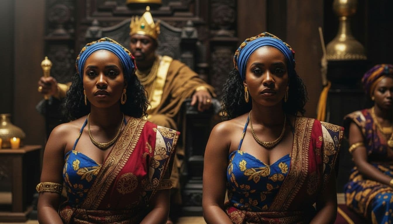 AI generated: Create a cinematic shot with the camera positioned directly in front of the two royal women, facing ...