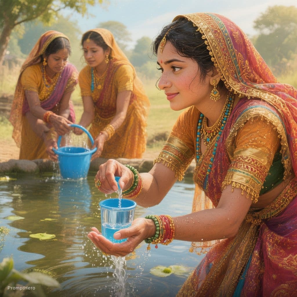AI generated: Ilustración vectorial de una hermosa mujer india con expresion esperanzada ahorrando agua del estanq...