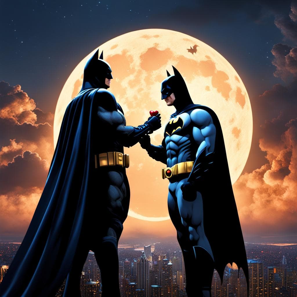 AI generated: Batman standing before another batman, batman is passing down the keys to the new generation, confir...
