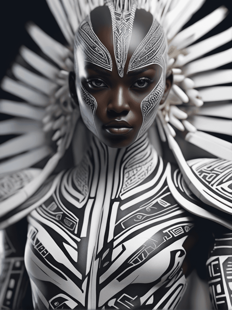AI generated: intricate closeup shot, masterpiece artwork, black skin-tight body, tribal, suit, white accent, deta...