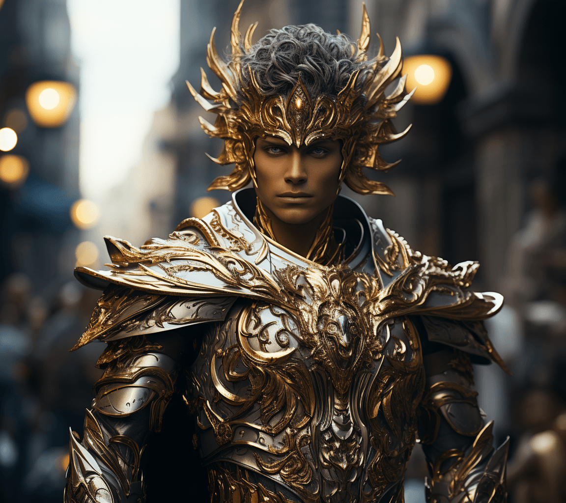 AI generated: a warrior wears a golden azure costume holding swords, in the style of rendered in unreal engine, in...