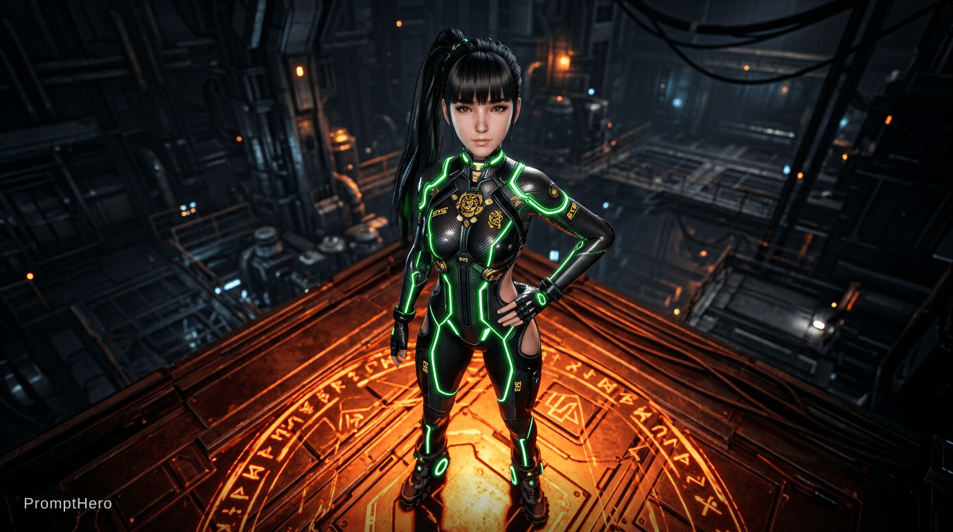 AI generated: This is a sleek and high-tech character portrait of a futuristic female warrior, captured with an in...