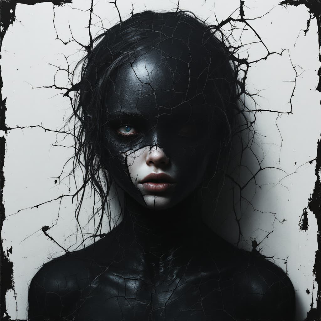 AI generated: The head of the girl is made up entirely from cracked black paint, with her lips visible through cra...