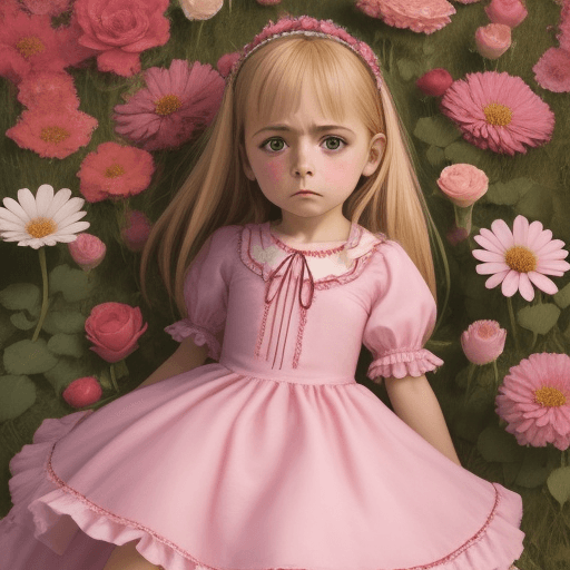 AI generated: una niña de ojos grandes ,rubia  con vestido rosado triste rodeada de muchas flores 