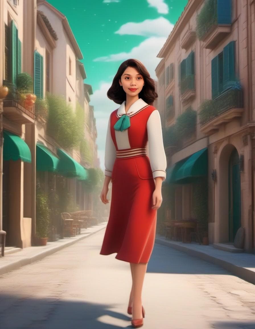 AI generated: an illustration of a girl walking down a street, in the style of disney animation, pre-world war ii ...