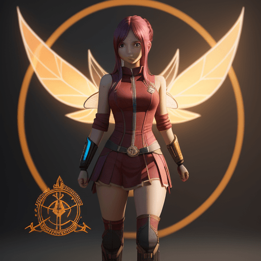 AI generated: Full body, realistic photo of lucy, fairy tail, guild logo in hand, octane rendering, trending on ar...