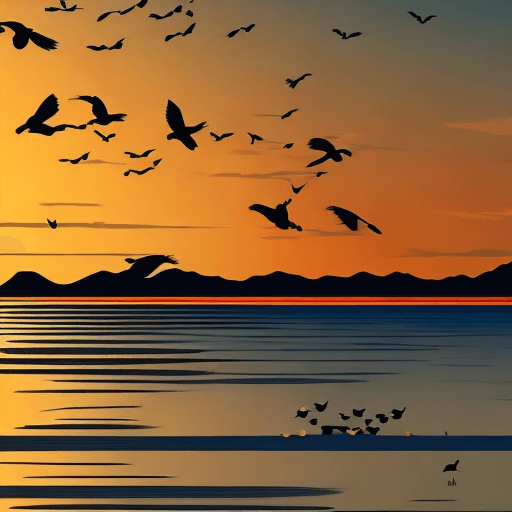 AI generated: image to be used as a wallpaper, japanese minimalistic style, sunset relaxing image with birds flyin...