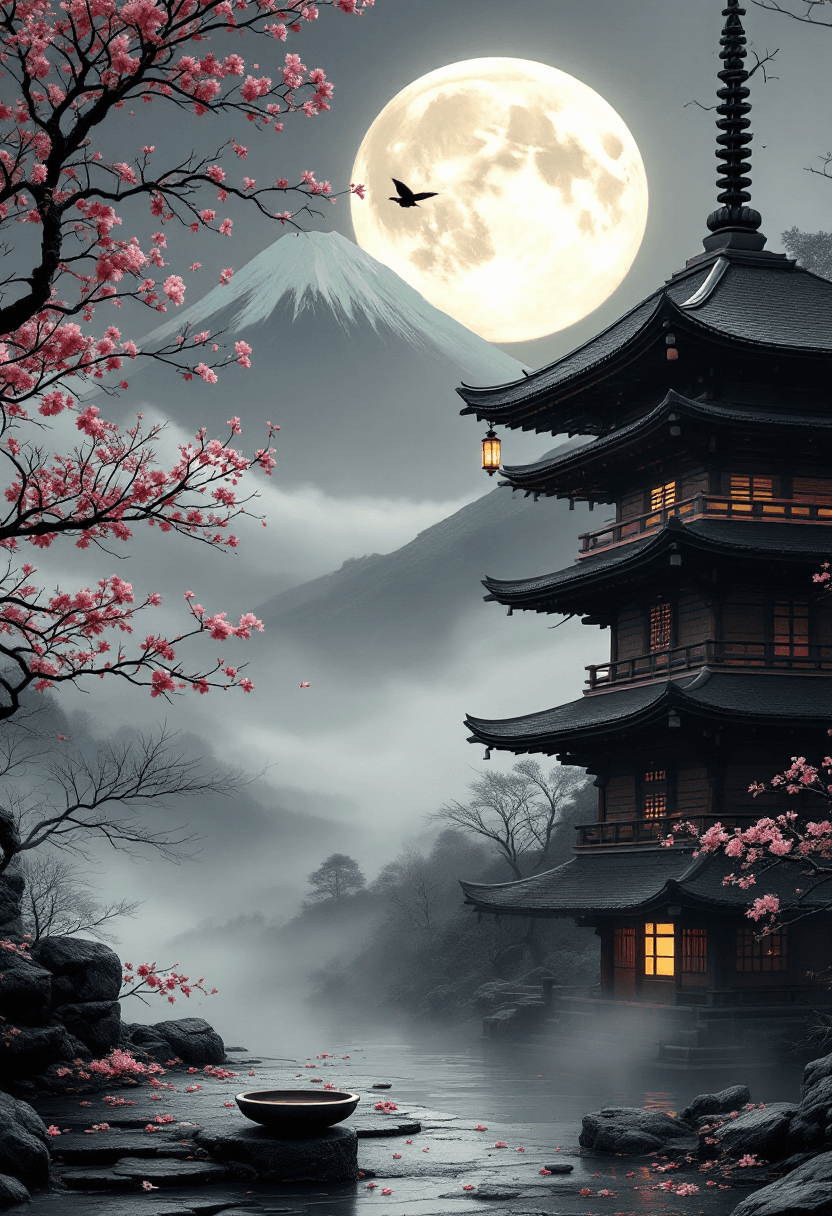 AI generated: An ancient Japanese pagoda, off-center right, simplified wood texture (soft grain, faint cracks), pa...