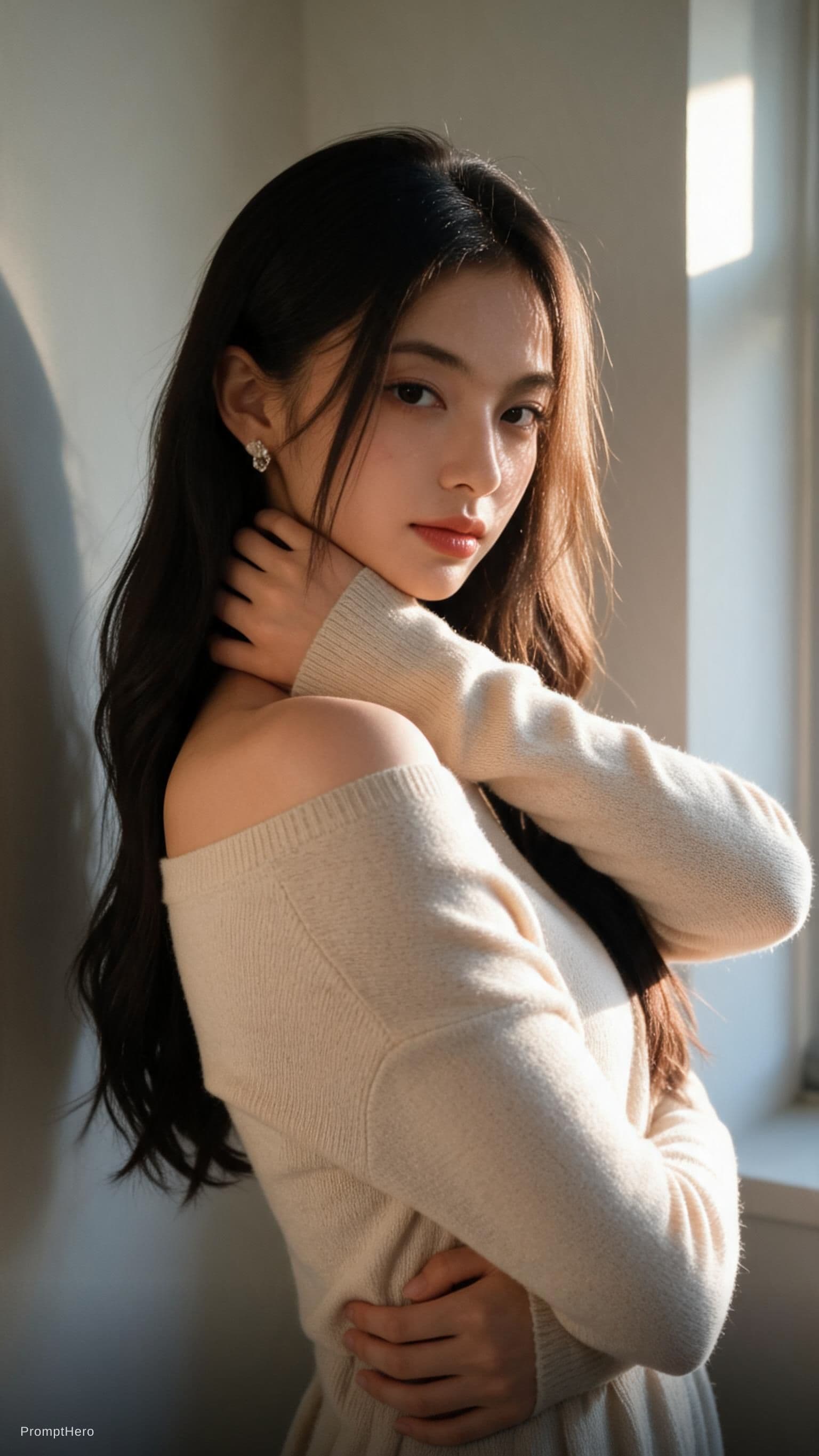 AI generated: Realistic film photography, upper-body portrait of a beautiful adult Korean female idol with an eleg...
