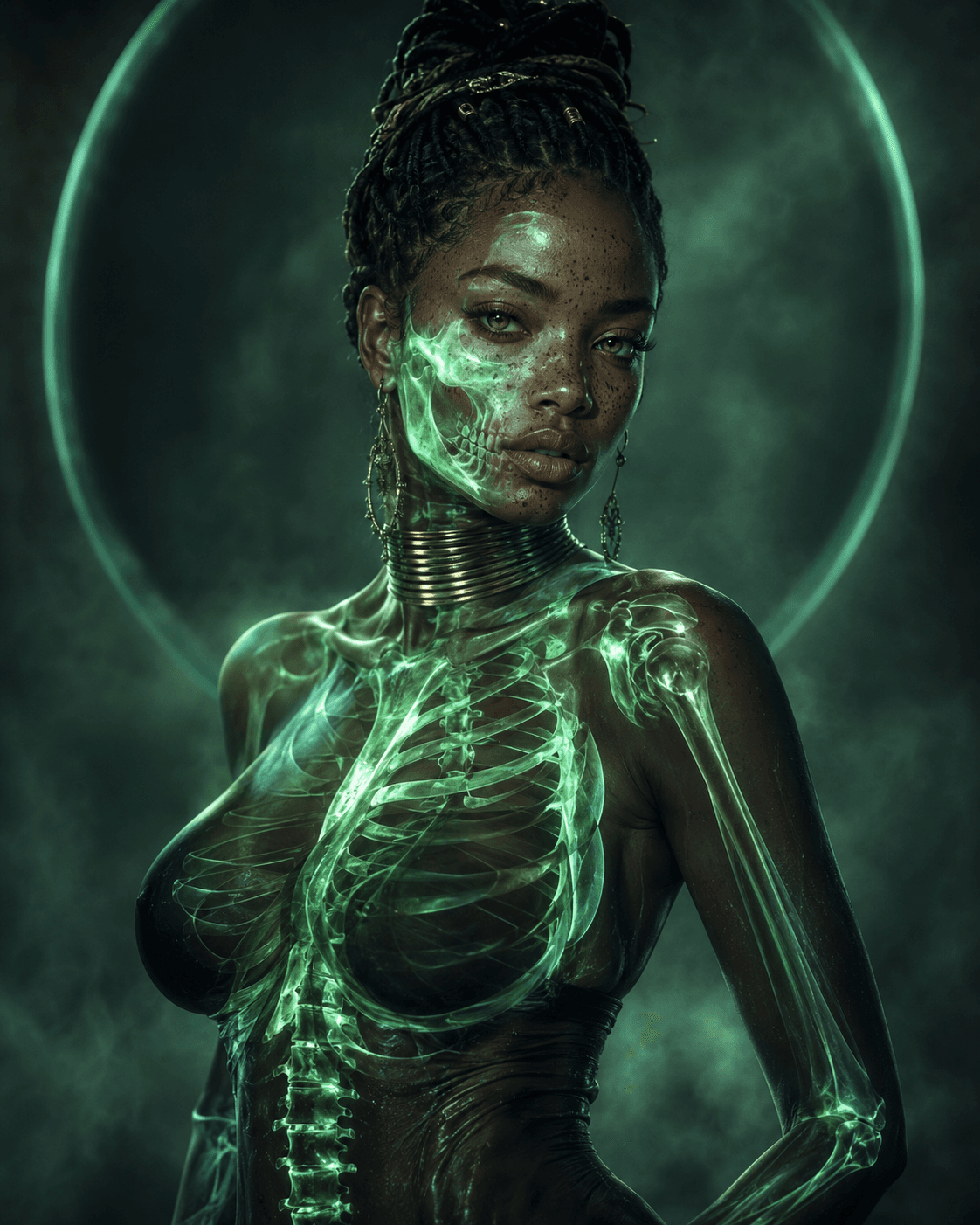 AI generated: surrealism, central composition, gaze, upper-body, transparent skin revealing skull, glowing with a ...