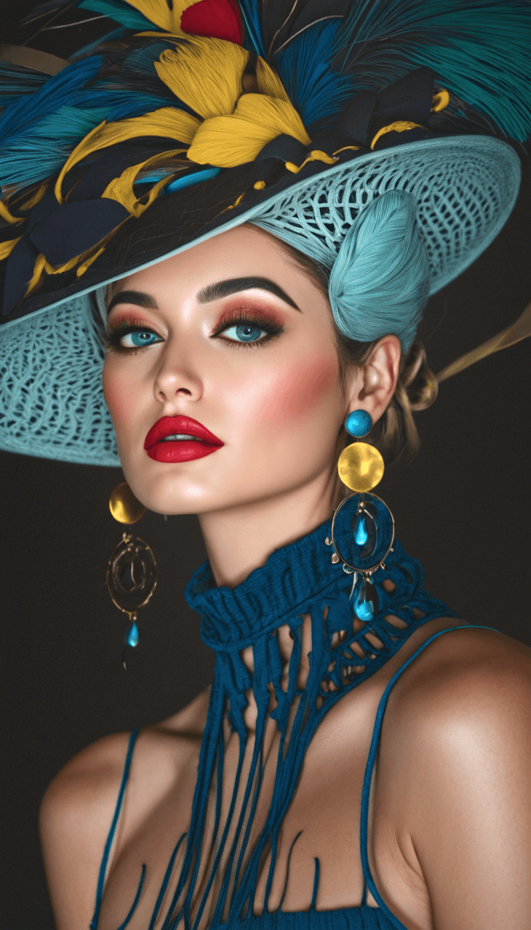 AI generated: The image features a woman wearing a black top and a blue hat with a feather. She is also wearing a ...