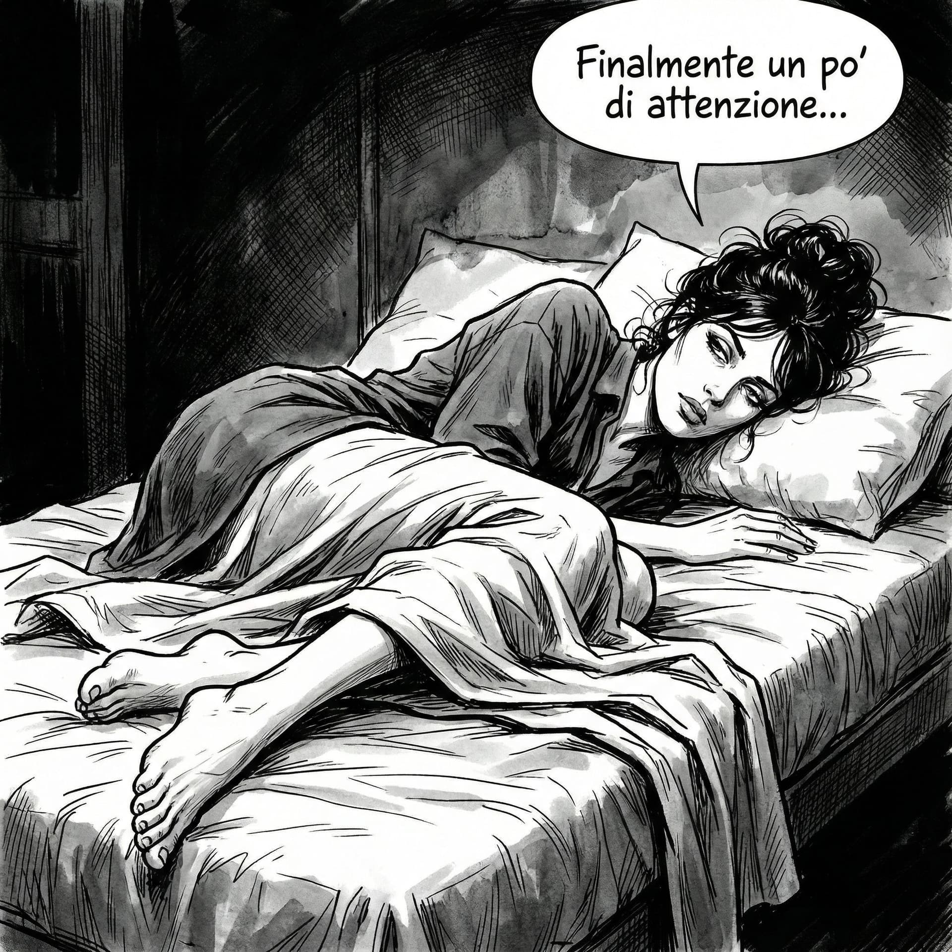 AI generated: 8k, fedele al fumetto, stile Dylan Dog. Magica  è sul letto. Vista ravvicinata, nuda sul letto. Si s...