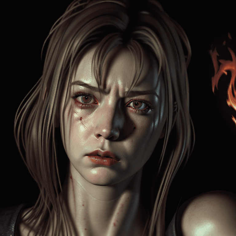 AI generated: ortrait of grunge silent hill woman, sad expression,  flames, vivid 8k resolution  portrait by julie...