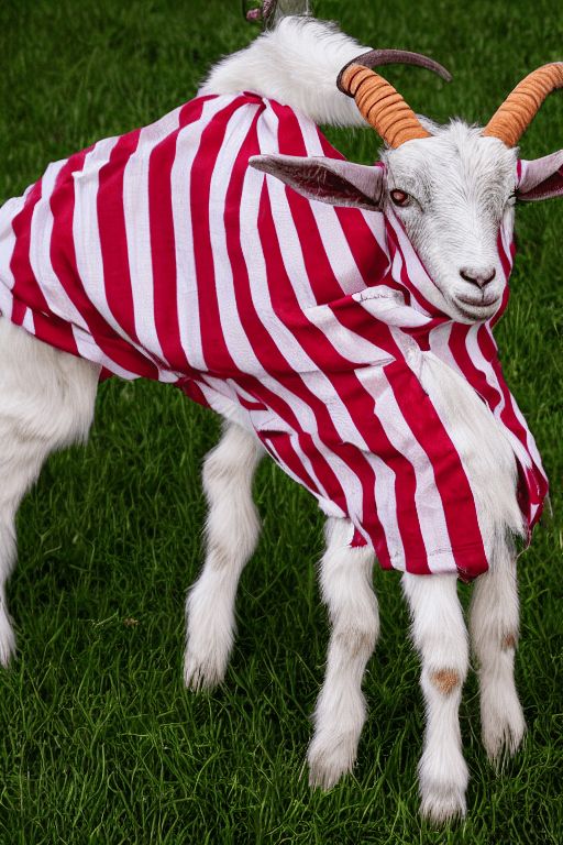 AI generated: Humanoid goat, wearing a striped red and white shirt 