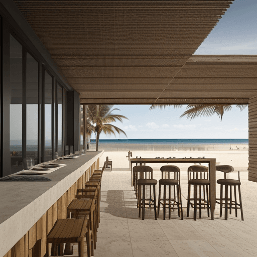 AI generated: looking towards view,only one floor,spanish style, large beach restourant together with a bar buildi...
