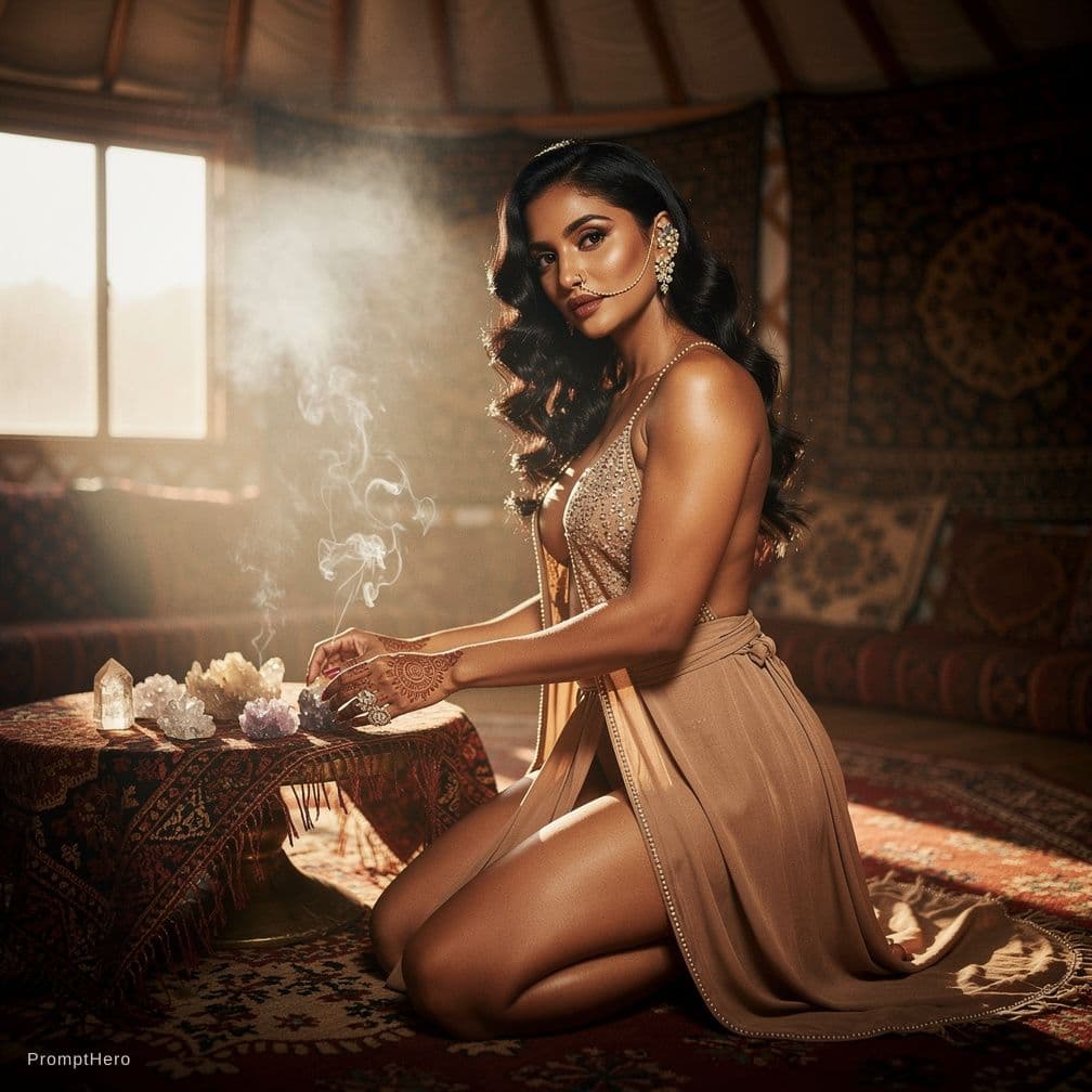 AI generated: A voluptuous, olive-skinned 35 year old east indian woman with jet-black, waist-length waves cascadi...
