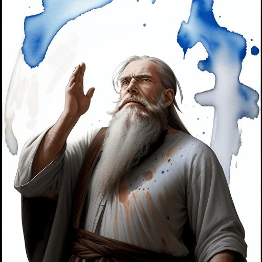 AI generated: a stunningly Abraham, an old man with a long beard dressed in a simple tunic, with his hands raised ...