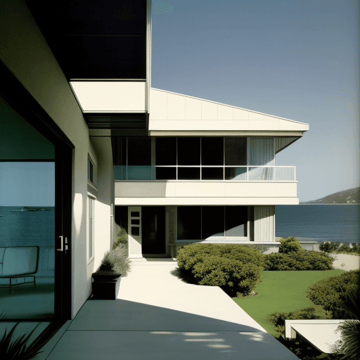 AI generated: Hyper realistic eye level exterior photo of a mid century modern style house overlooking the ocean, ...