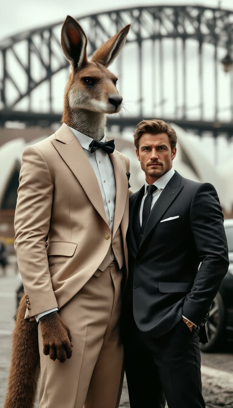 AI generated: A strong anthropomorphic kangaroo in a tailored beige tuxedo, standing beside a ruggedly handsome Au...