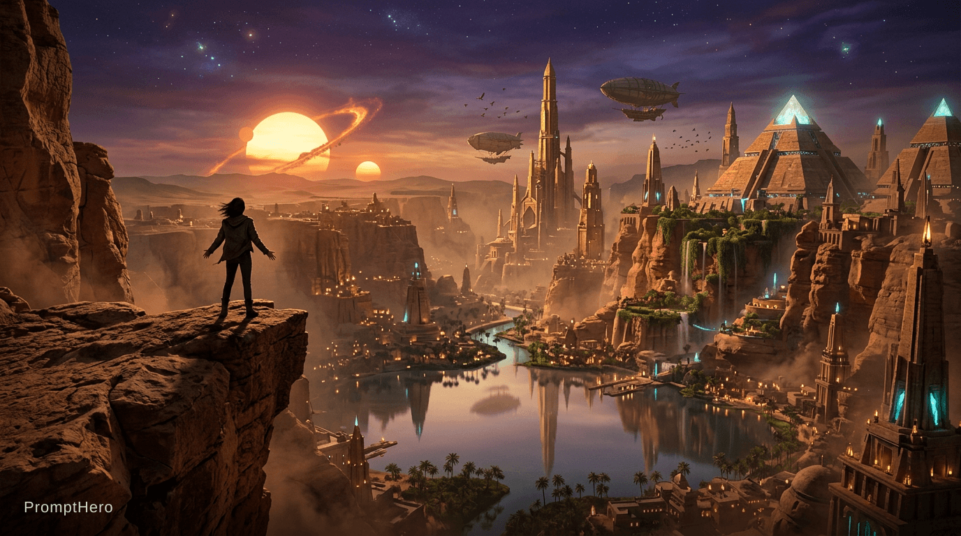 AI generated: The ultimate reveal shot. A lone figure stands at the very edge of a dramatic sandstone cliff, back ...