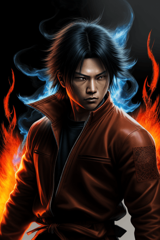 AI generated: kyo kusanagi, ((incorporeal)) fire, surrounded by glowing fog, fire backdrop background, dynamic por...