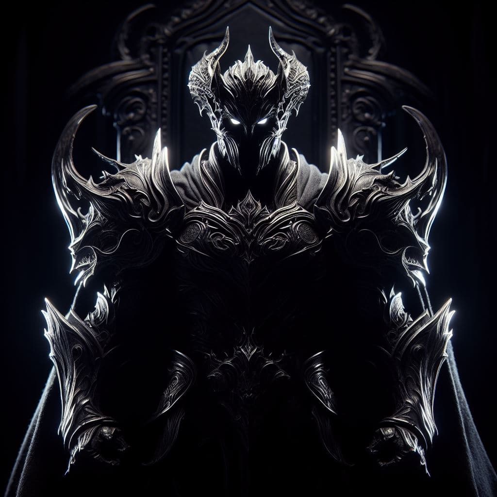 AI generated: the dark and menacing aura of Tyrant Swain in a hyper-realistic photograph set in a shadowy throne r...