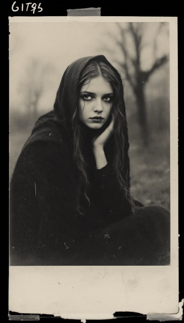 AI generated: girl, old polaroid photo, medieval, sad mood, b&w