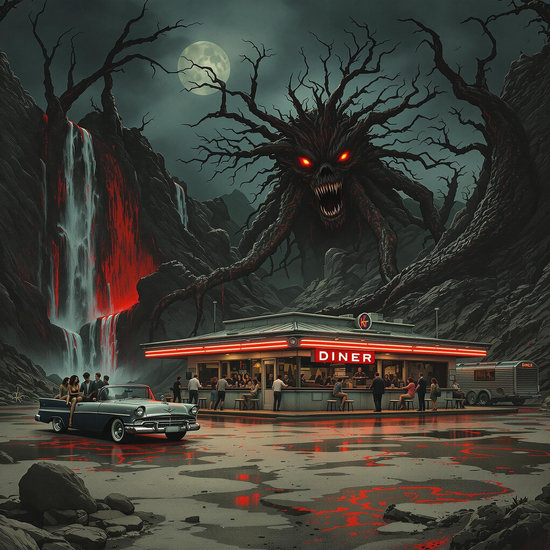 AI generated:  combine the styles of Tom Bagshaw, Leng Jun, John Baeder to create a 1950's diner with patrons and ...