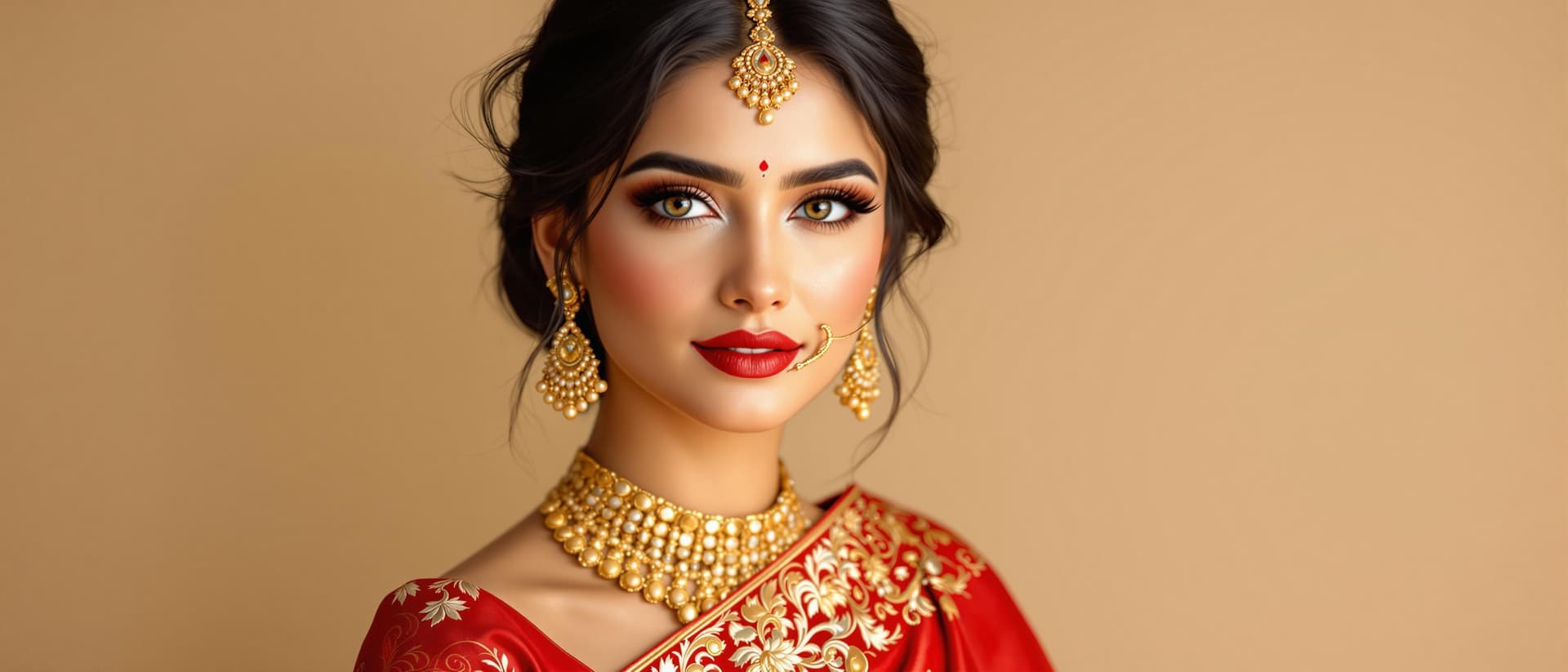 AI generated: A 32-year-old Russian woman with striking black hair, wearing a traditional Indian red saree. The sa...