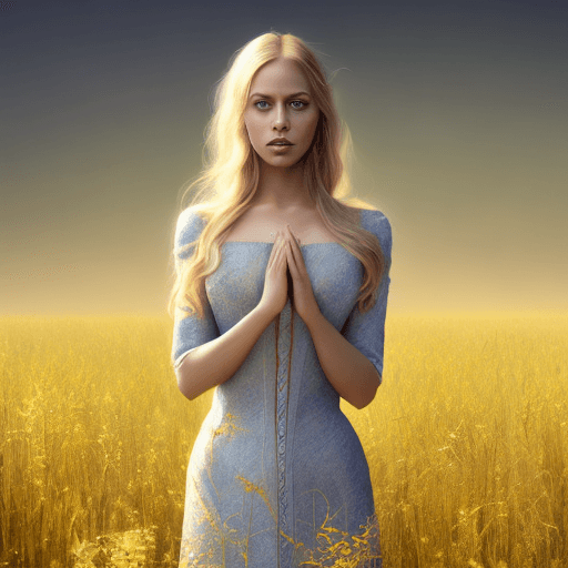 AI generated: full length portrait of a beautiful blond woman, standing in field, detailed gorgeous face, symmetri...