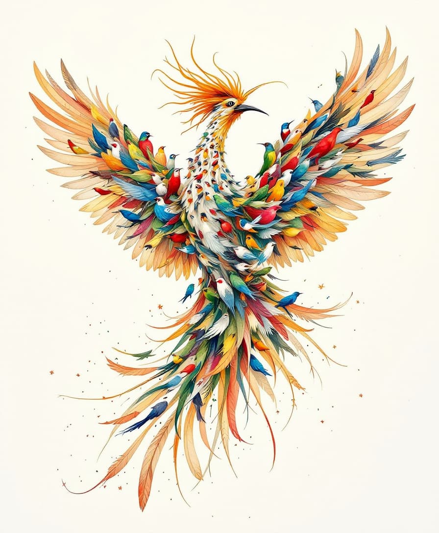 AI generated: A majestic phoenix-like bird with the head of a Hoopoe, composed entirely of various smaller birds. ...