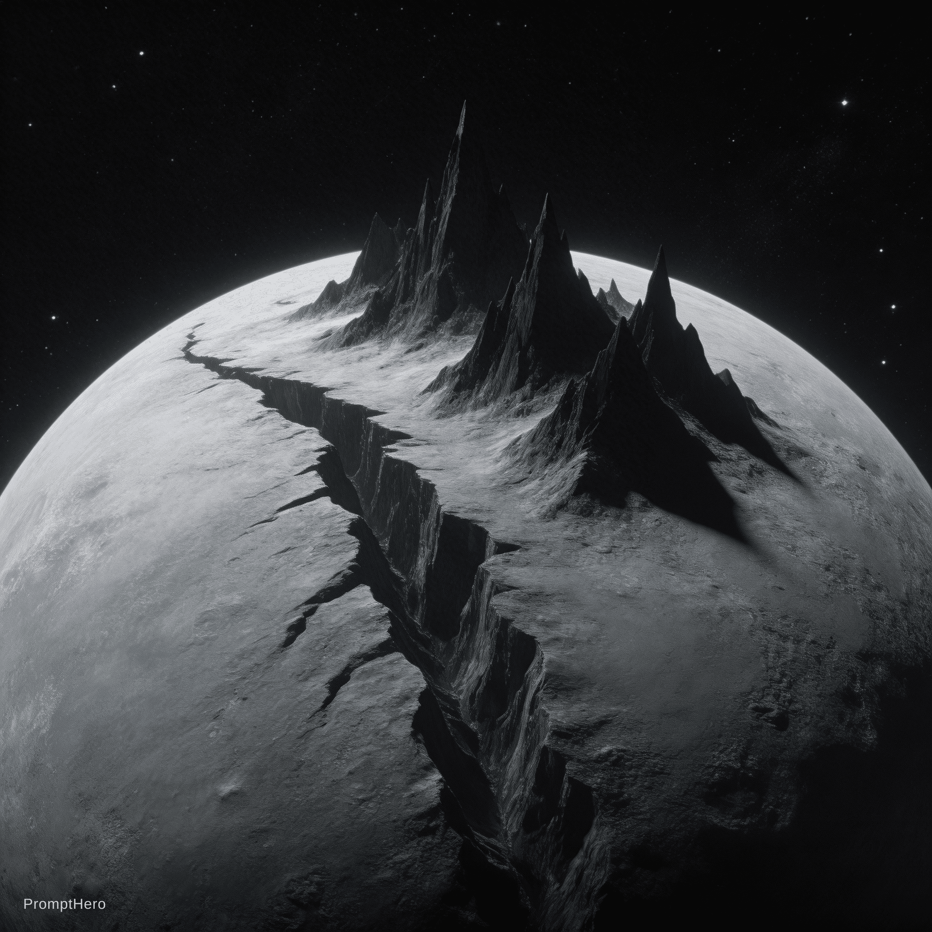 AI generated: a light grey planet with lots of deep canyons and extremely tall black mountains floating in the dar...