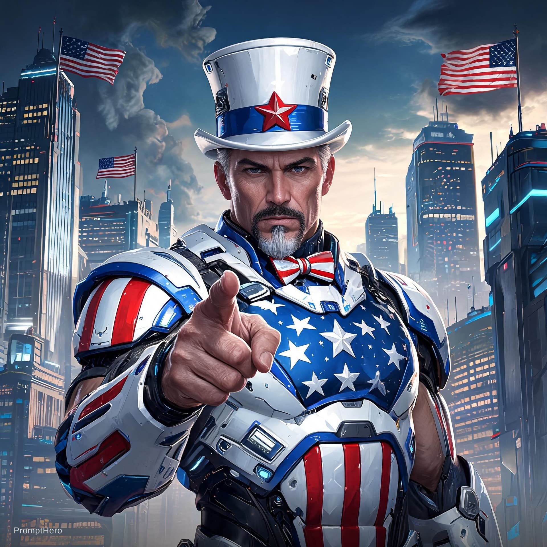 AI generated: oil paint. digital illustration. A modern depiction of a futuristic Uncle Sam, confidently pointing ...
