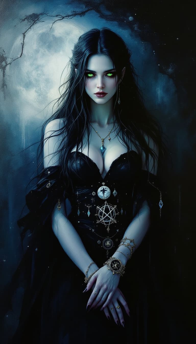 AI generated: "Onyx Sorceress in a Moonlit Sanctum": A compelling abstract painting presents a sorceress, embodyin...
