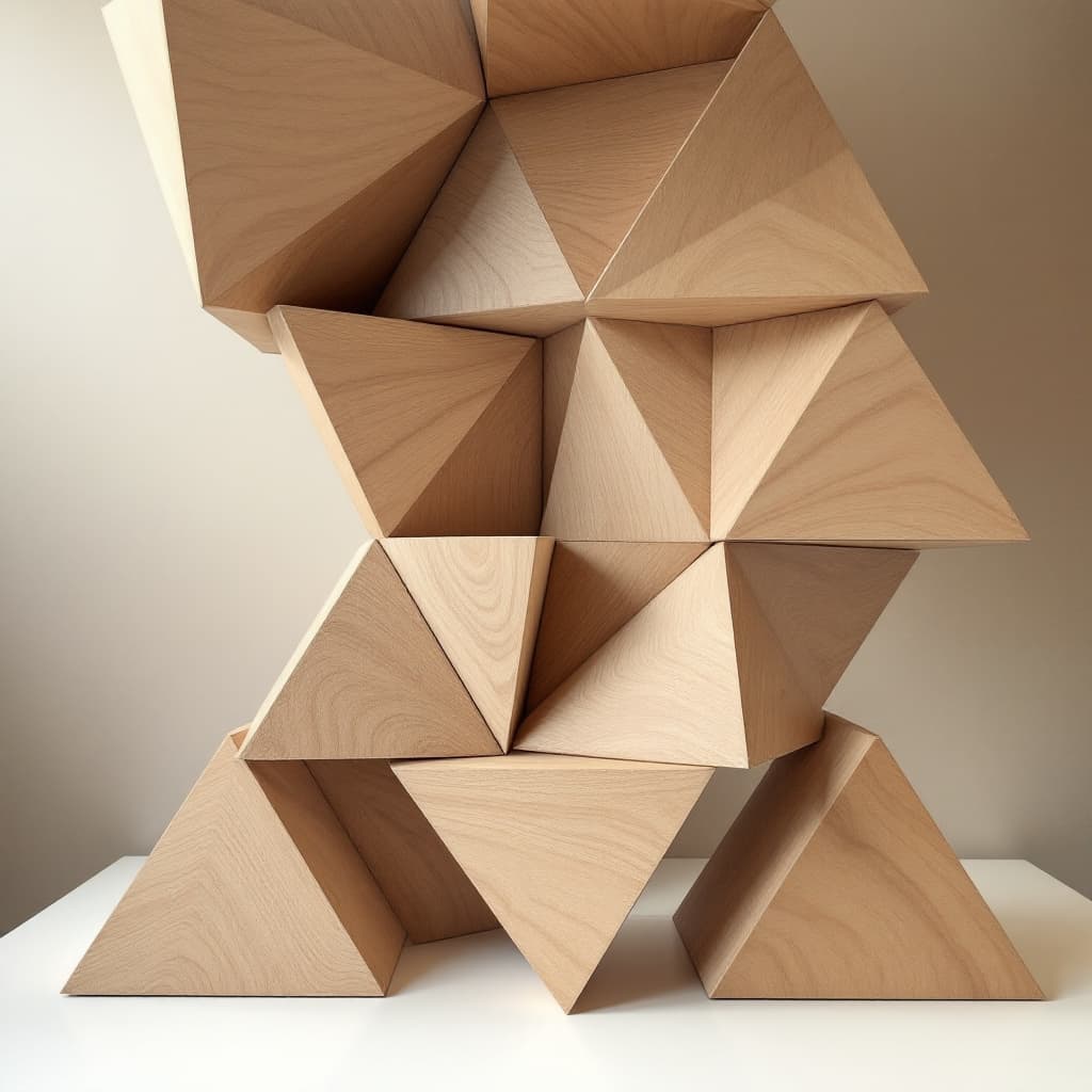 AI generated: triangulos de madera equilateros que unidos van generando formas y espacios para que las personas re...