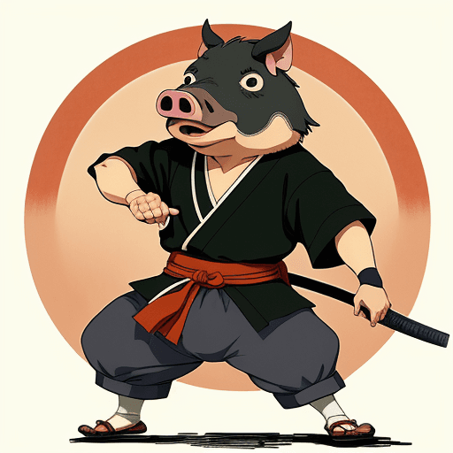 AI generated: artwork by Stan Sakai, style Studio Ghibli,
anthropomorphic wild pig, samurai, anime