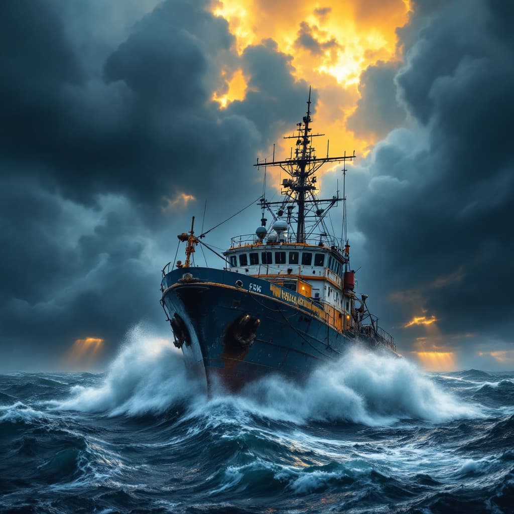 AI generated: A dramatic deep-sea fishing trawler battling massive ocean waves during a powerful storm at sea. The...